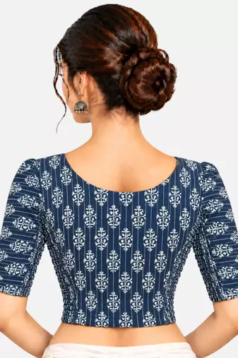 Side smocked stretchable blue cotton printed non padded readymade saree blouse