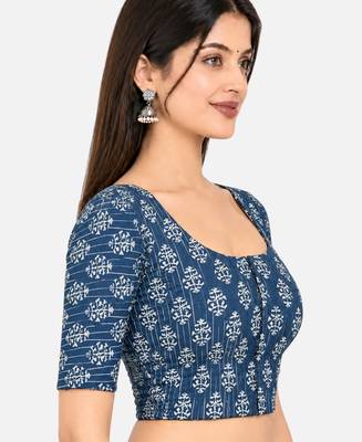 Side smocked stretchable blue cotton printed non padded readymade saree blouse 3