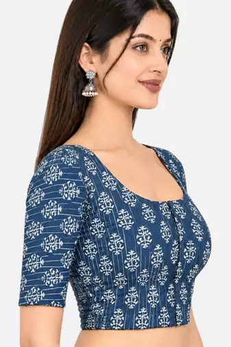 Side smocked stretchable blue cotton printed non padded readymade saree blouse
