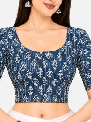 Side smocked stretchable blue cotton printed non padded readymade saree blouse 4
