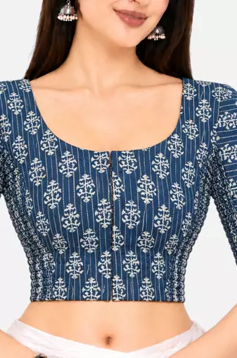 Side smocked stretchable blue cotton printed non padded readymade saree blouse