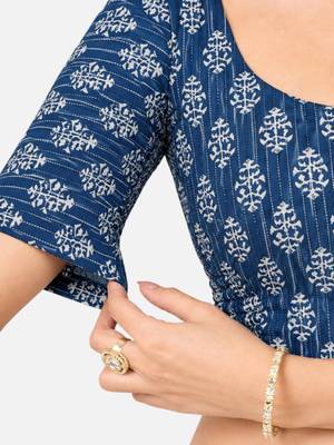 Side smocked stretchable blue cotton printed non padded readymade saree blouse 5