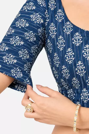 Side smocked stretchable blue cotton printed non padded readymade saree blouse