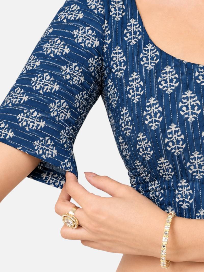Side smocked stretchable blue cotton printed non padded readymade saree blouse