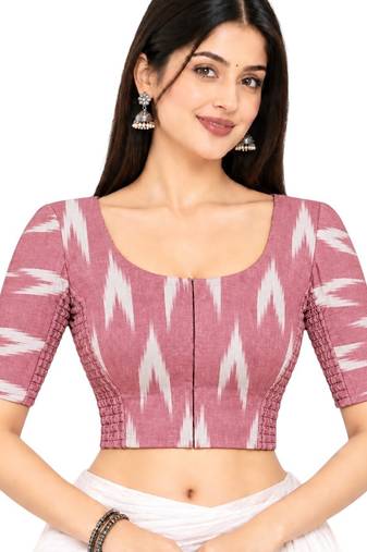 Side smocked stretchable pink ikkat cotton printed non padded readymade saree blouse