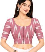 Side smocked stretchable pink ikkat cotton printed non padded readymade saree blouse