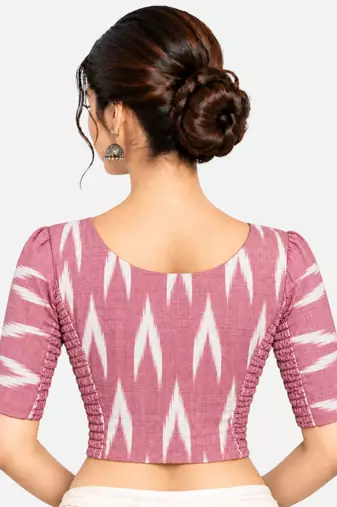 Side smocked stretchable pink ikkat cotton printed non padded readymade saree blouse
