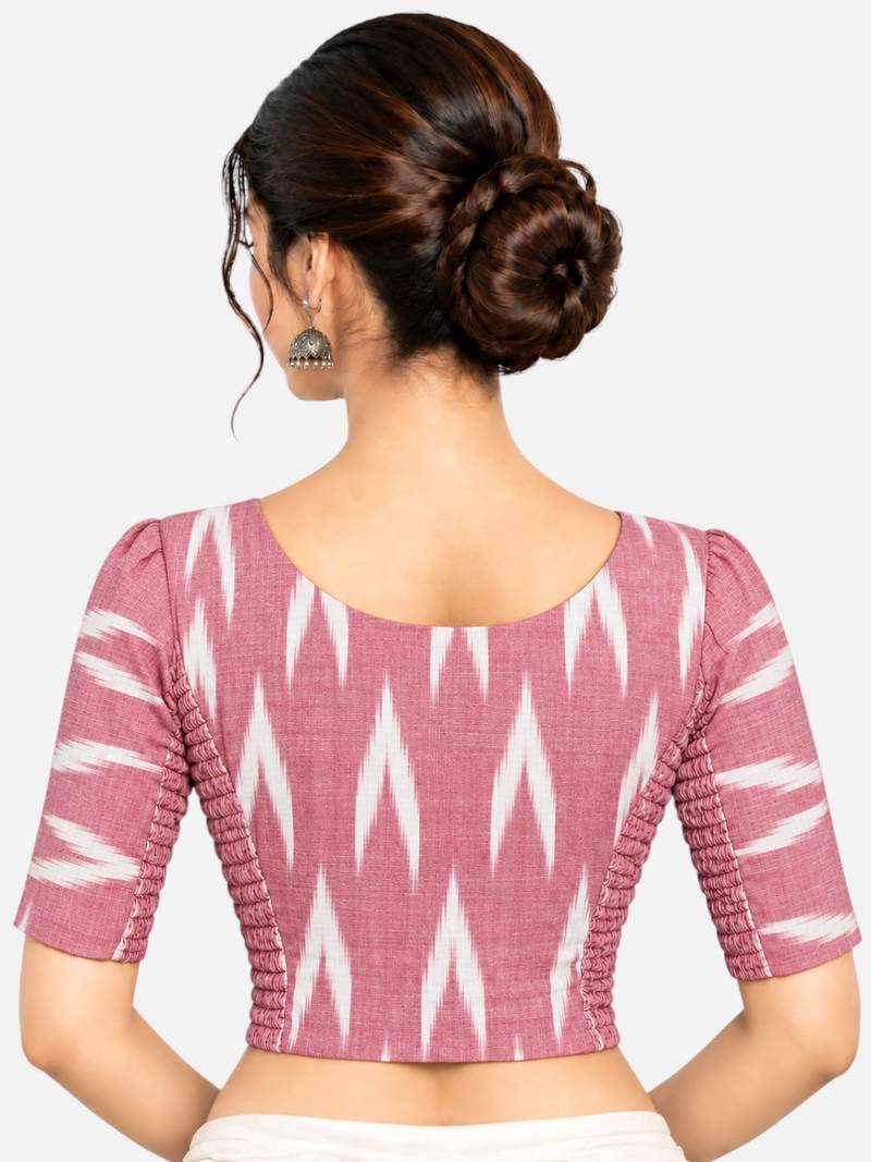 Side smocked stretchable pink ikkat cotton printed non padded readymade saree blouse