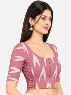 Side smocked stretchable pink ikkat cotton printed non padded readymade saree blouse 3