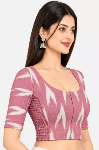 Side smocked stretchable pink ikkat cotton printed non padded readymade saree blouse