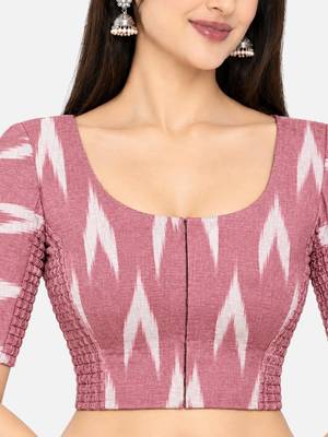 Side smocked stretchable pink ikkat cotton printed non padded readymade saree blouse 4