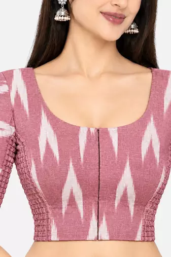 Side smocked stretchable pink ikkat cotton printed non padded readymade saree blouse