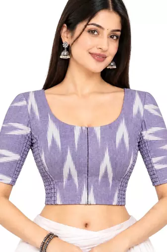 Side smocked stretchable purple ikkat cotton printed non padded readymade saree blouse