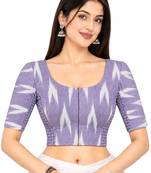 Side smocked stretchable purple ikkat cotton printed non padded readymade saree blouse