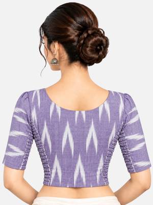 Side smocked stretchable purple ikkat cotton printed non padded readymade saree blouse 2