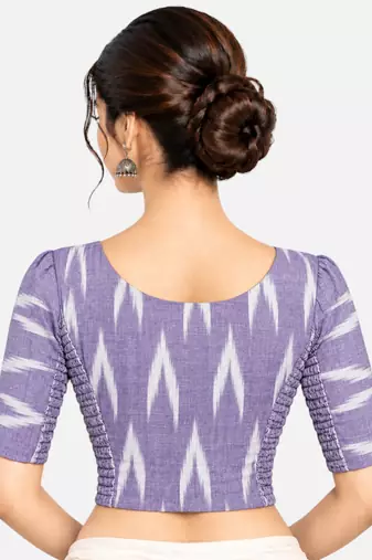 Side smocked stretchable purple ikkat cotton printed non padded readymade saree blouse