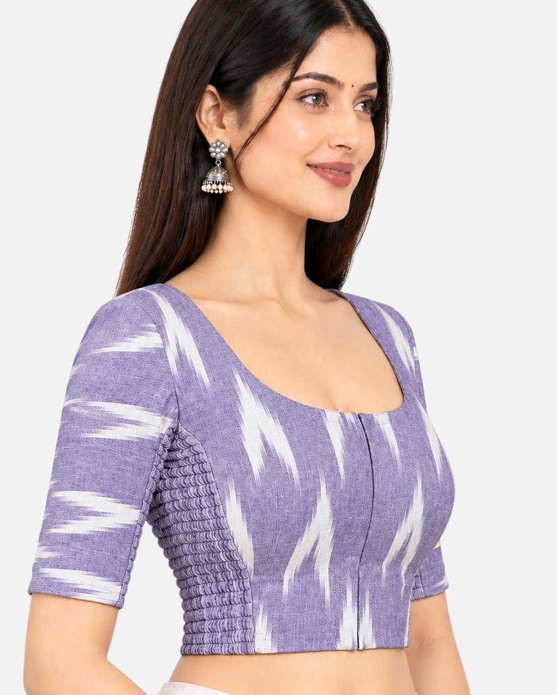 Side smocked stretchable purple ikkat cotton printed non padded readymade saree blouse