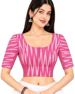 Side smocked stretchable pink ikkat cotton printed non padded readymade saree blouse 1