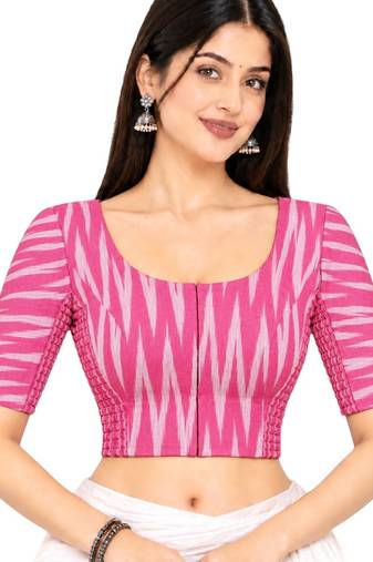 Side smocked stretchable pink ikkat cotton printed non padded readymade saree blouse