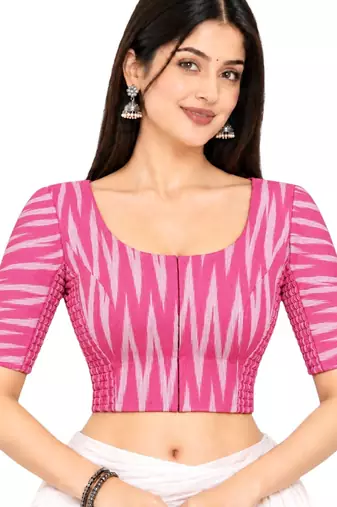 Side smocked stretchable pink ikkat cotton printed non padded readymade saree blouse