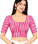 Side smocked stretchable pink ikkat cotton printed non padded readymade saree blouse