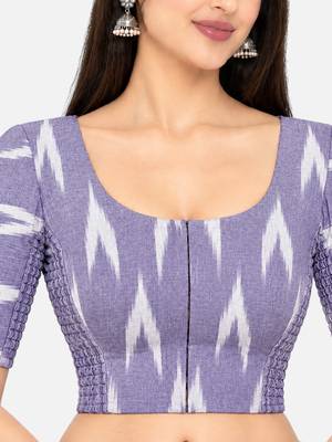 Side smocked stretchable purple ikkat cotton printed non padded readymade saree blouse 4