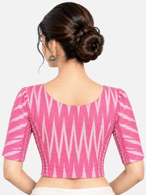 Side smocked stretchable pink ikkat cotton printed non padded readymade saree blouse 2