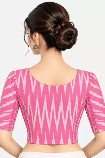 Side smocked stretchable pink ikkat cotton printed non padded readymade saree blouse