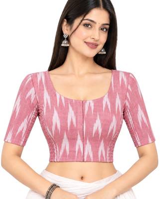 Side smocked stretchable peach ikkat cotton printed non padded readymade saree blouse 1