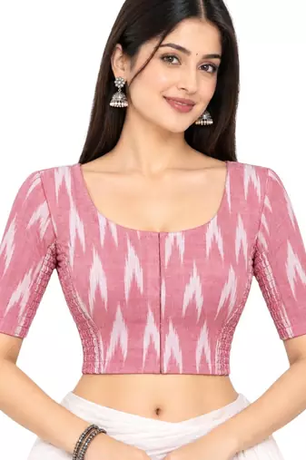 Side smocked stretchable peach ikkat cotton printed non padded readymade saree blouse
