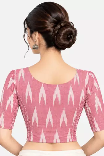 Side smocked stretchable peach ikkat cotton printed non padded readymade saree blouse