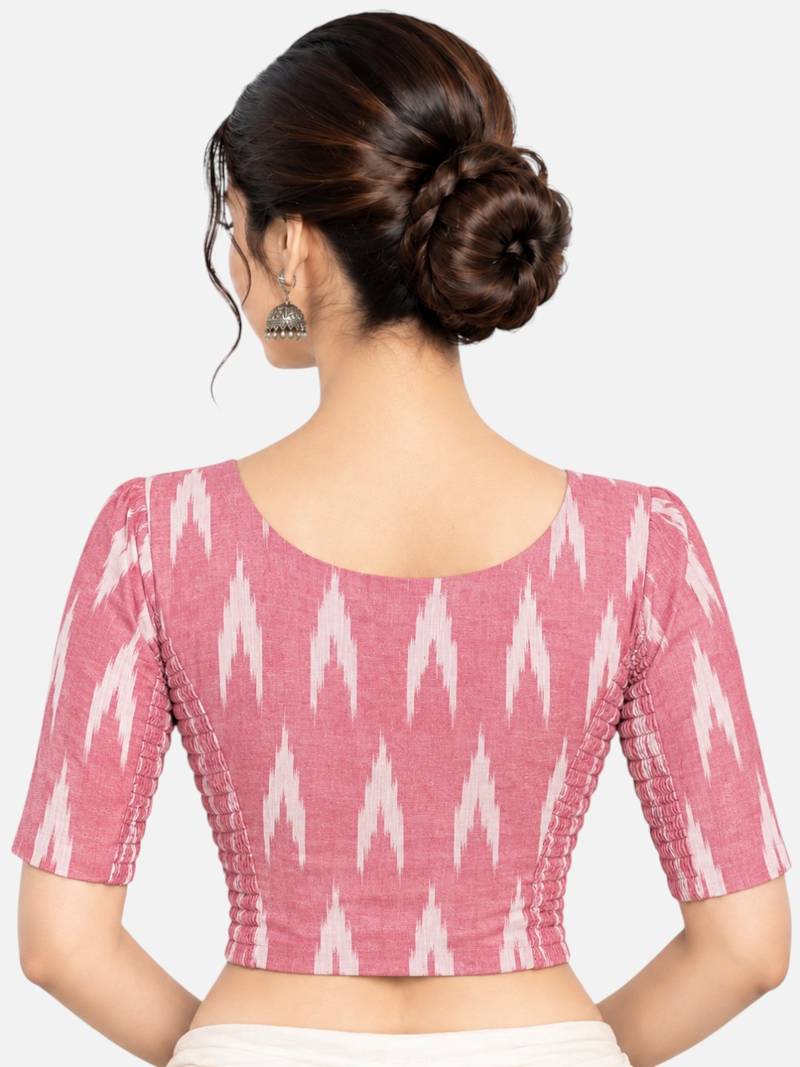 Side smocked stretchable peach ikkat cotton printed non padded readymade saree blouse