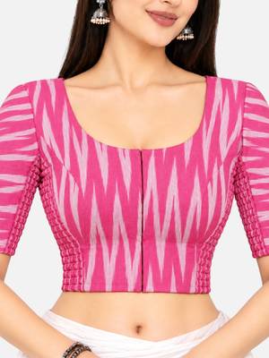 Side smocked stretchable pink ikkat cotton printed non padded readymade saree blouse 4