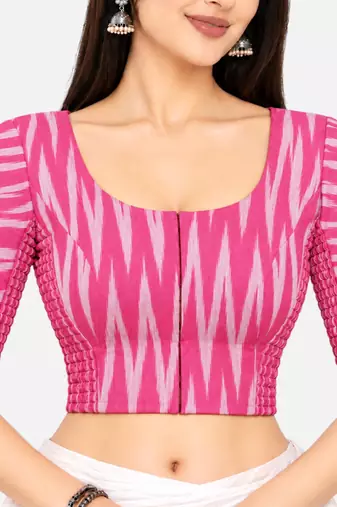 Side smocked stretchable pink ikkat cotton printed non padded readymade saree blouse