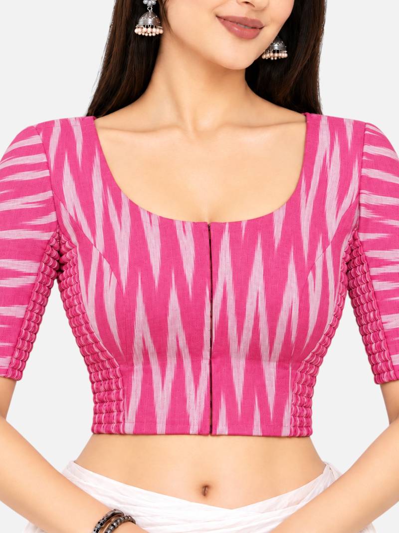 Side smocked stretchable pink ikkat cotton printed non padded readymade saree blouse