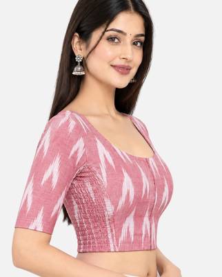 Side smocked stretchable peach ikkat cotton printed non padded readymade saree blouse 3