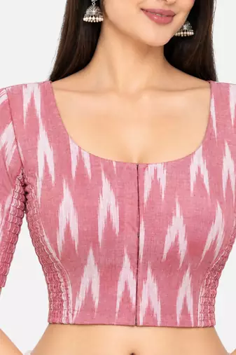 Side smocked stretchable peach ikkat cotton printed non padded readymade saree blouse