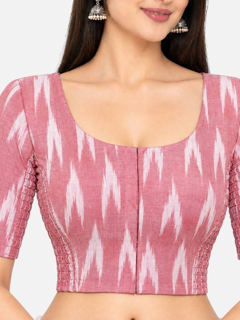 Side smocked stretchable peach ikkat cotton printed non padded readymade saree blouse