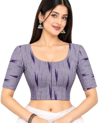 Side smocked stretchable purple ikkat cotton printed non padded readymade saree blouse 1
