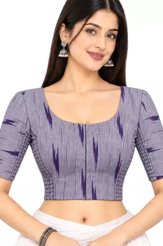 Side smocked stretchable purple ikkat cotton printed non padded readymade saree blouse
