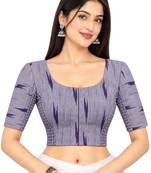 Side smocked stretchable purple ikkat cotton printed non padded readymade saree blouse