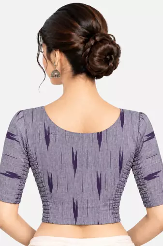 Side smocked stretchable purple ikkat cotton printed non padded readymade saree blouse