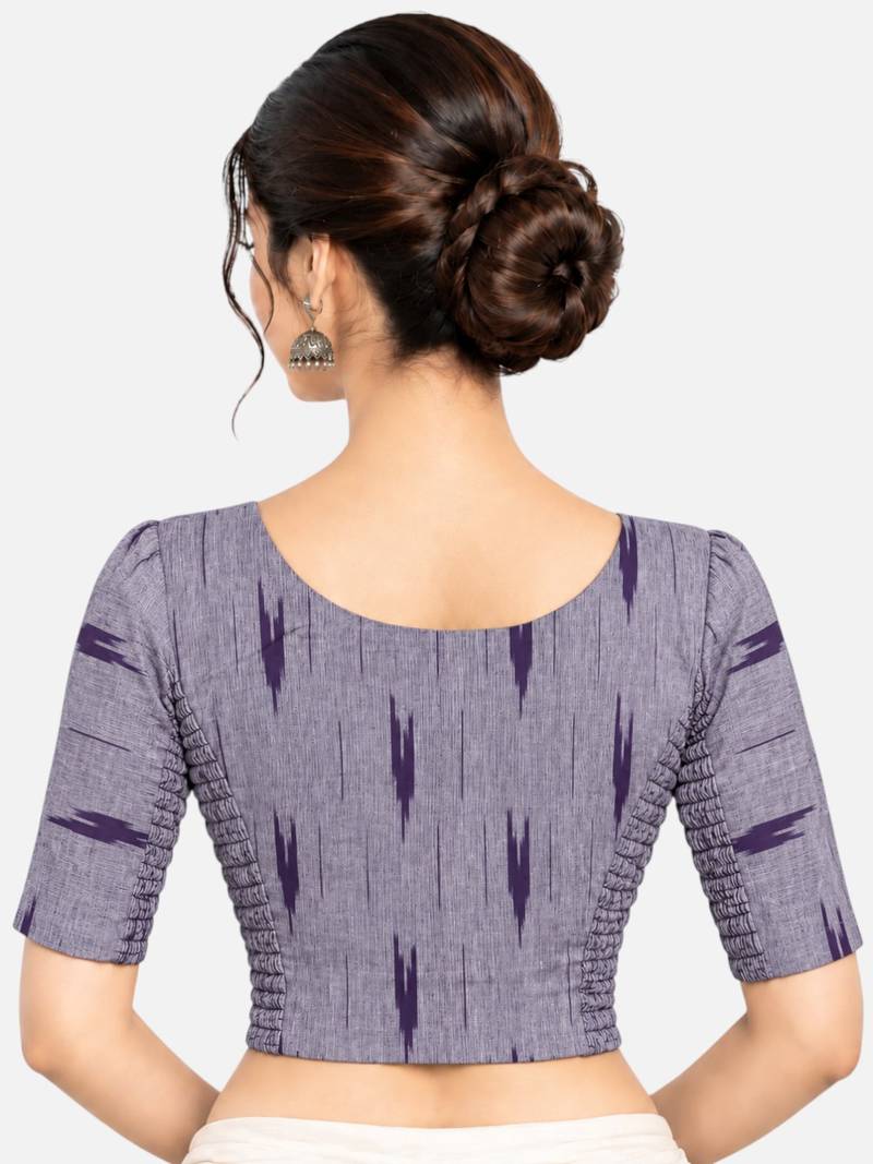 Side smocked stretchable purple ikkat cotton printed non padded readymade saree blouse