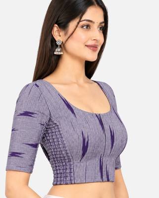 Side smocked stretchable purple ikkat cotton printed non padded readymade saree blouse 3