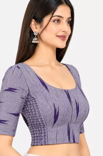 Side smocked stretchable purple ikkat cotton printed non padded readymade saree blouse
