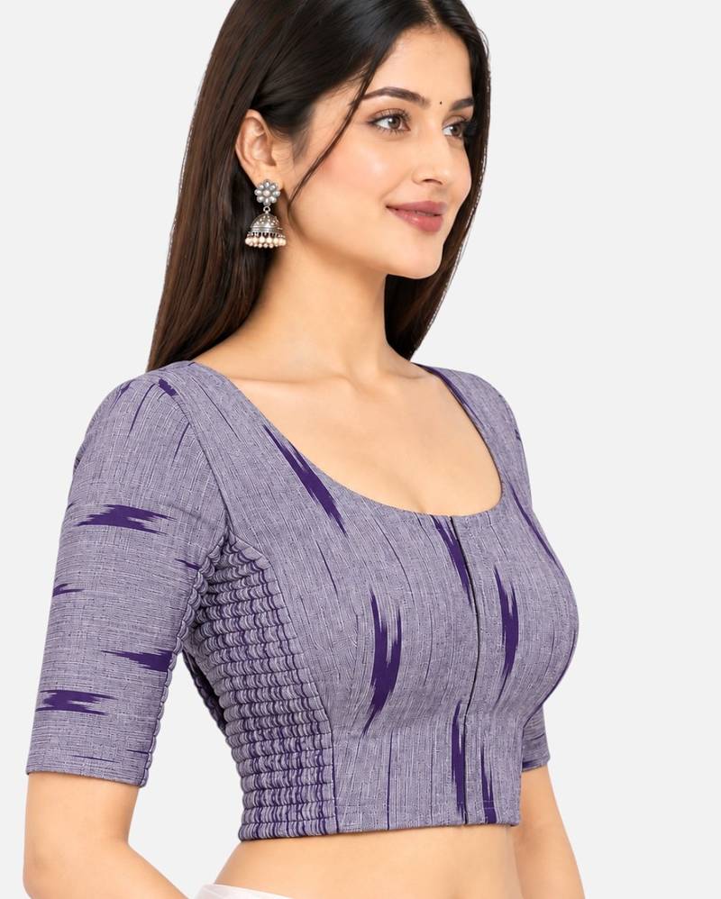 Side smocked stretchable purple ikkat cotton printed non padded readymade saree blouse