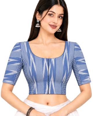 Side smocked stretchable blue ikkat cotton printed non padded readymade saree blouse 1