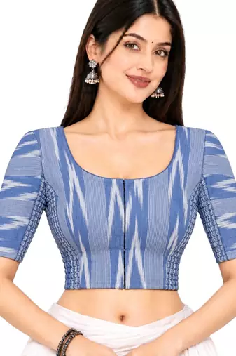 Side smocked stretchable blue ikkat cotton printed non padded readymade saree blouse