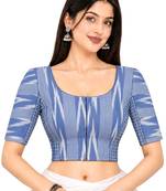 Side smocked stretchable blue ikkat cotton printed non padded readymade saree blouse
