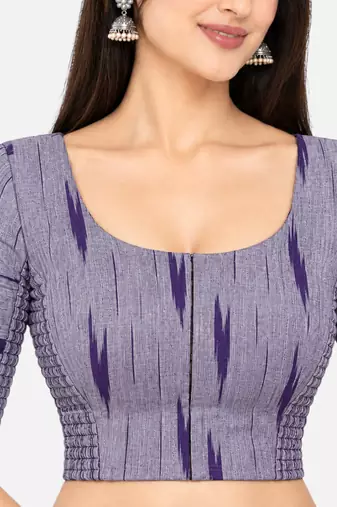 Side smocked stretchable purple ikkat cotton printed non padded readymade saree blouse